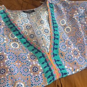 Colorful Geometric Print Silk Blouse by Tolani with adjustable waist tie.